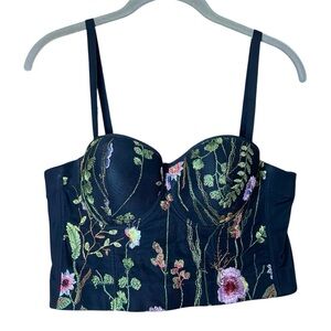 Vintage 80s Lydia USA Floral Embroidered Corset Bustier Top Black Medium